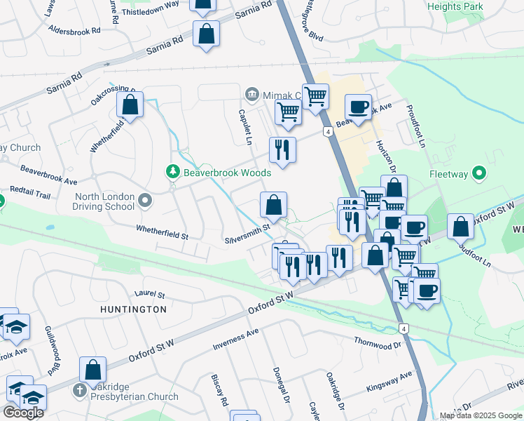 map of restaurants, bars, coffee shops, grocery stores, and more near Red Oak Avenue in London