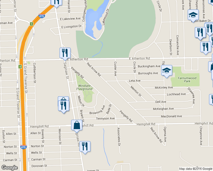 map of restaurants, bars, coffee shops, grocery stores, and more near 4114 Red Arrow Road in Flint