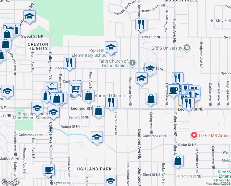 map of restaurants, bars, coffee shops, grocery stores, and more near 1231 Northfield Avenue Northeast in Grand Rapids