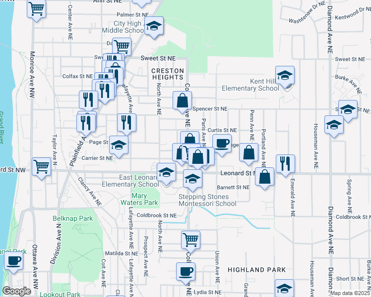 map of restaurants, bars, coffee shops, grocery stores, and more near 1253 College Avenue Northeast in Grand Rapids