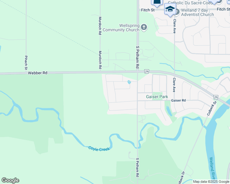 map of restaurants, bars, coffee shops, grocery stores, and more near 15 Crow Street in Welland