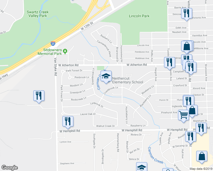 map of restaurants, bars, coffee shops, grocery stores, and more near 2010 Crestbrook Lane in Flint
