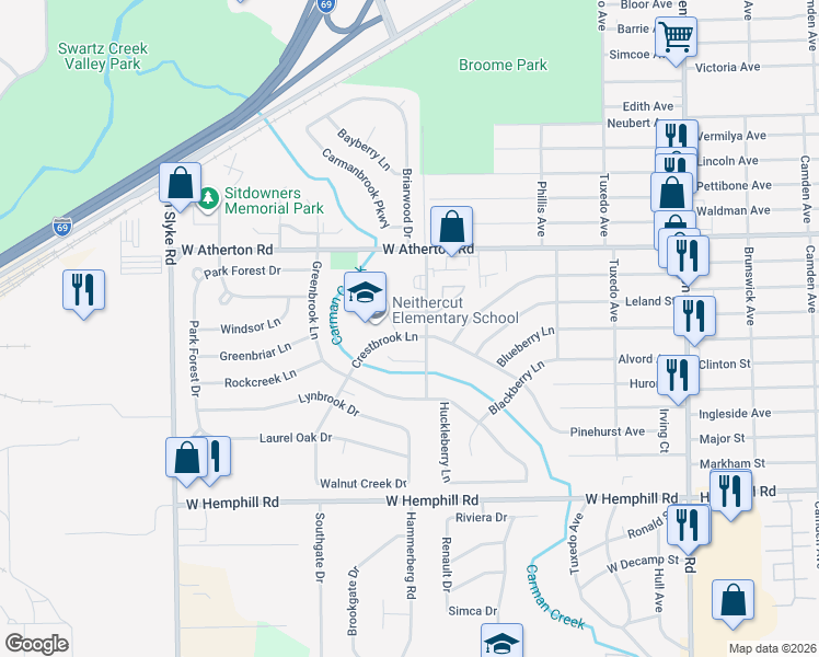 map of restaurants, bars, coffee shops, grocery stores, and more near 2021 Crestbrook Lane in Flint
