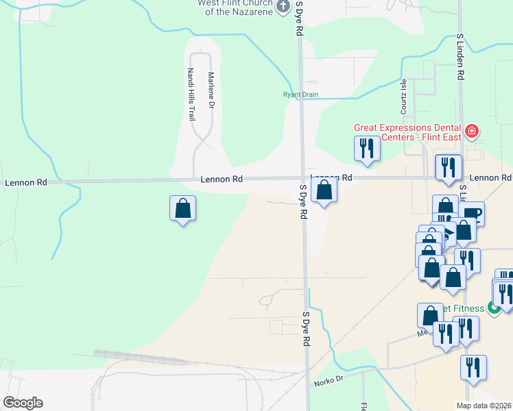 map of restaurants, bars, coffee shops, grocery stores, and more near 3040 South Dye Road in Flint