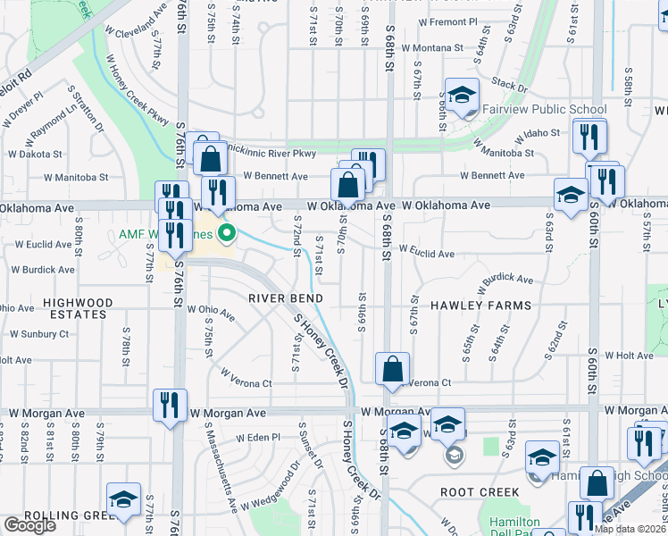 map of restaurants, bars, coffee shops, grocery stores, and more near 7006 West Burdick Avenue in Milwaukee