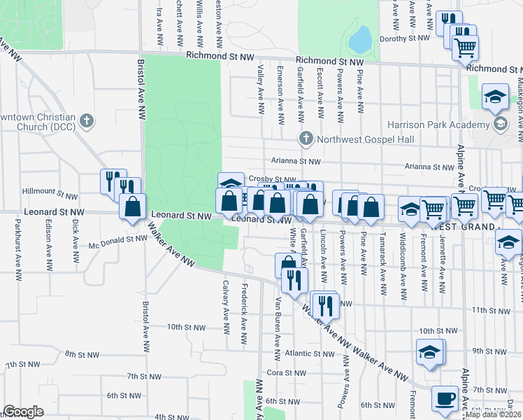 map of restaurants, bars, coffee shops, grocery stores, and more near 1314 Leonard Street Northwest in Grand Rapids