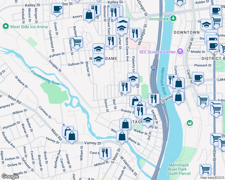 map of restaurants, bars, coffee shops, grocery stores, and more near 17 Rimmon Street in Manchester