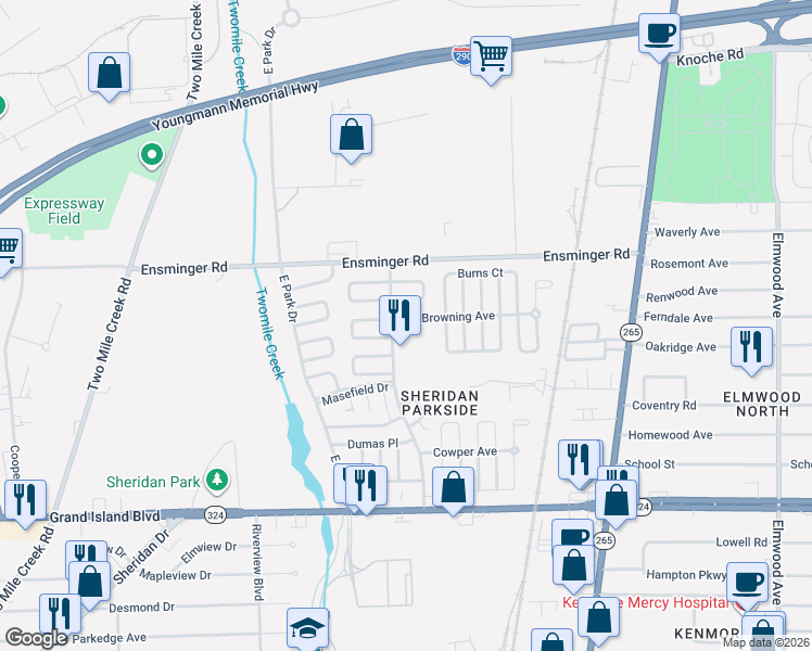 map of restaurants, bars, coffee shops, grocery stores, and more near 4 Alcott Court in Tonawanda