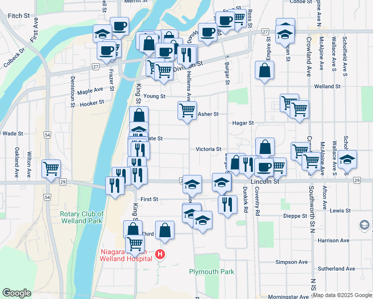 map of restaurants, bars, coffee shops, grocery stores, and more near 332 Hellems Avenue in Welland