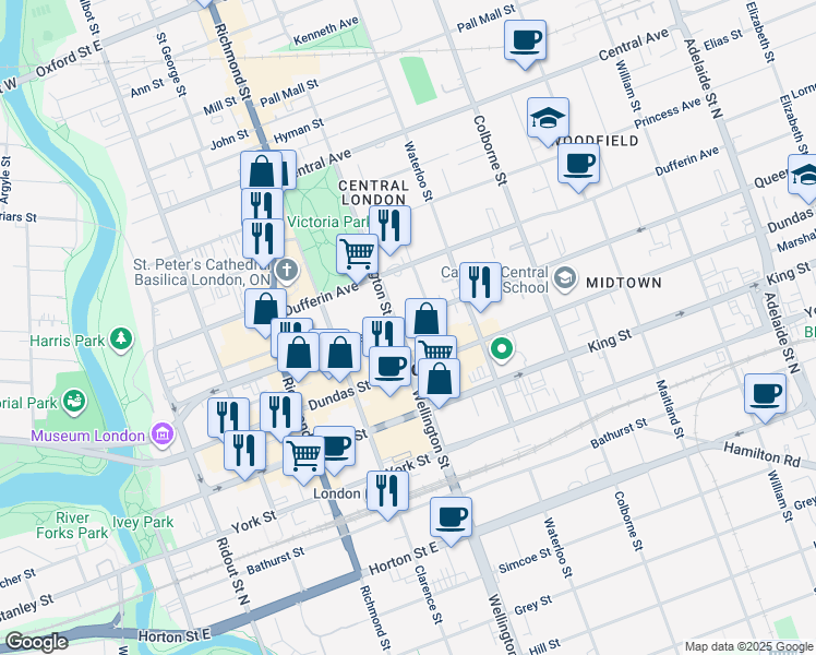 map of restaurants, bars, coffee shops, grocery stores, and more near 275 Queens Avenue in London