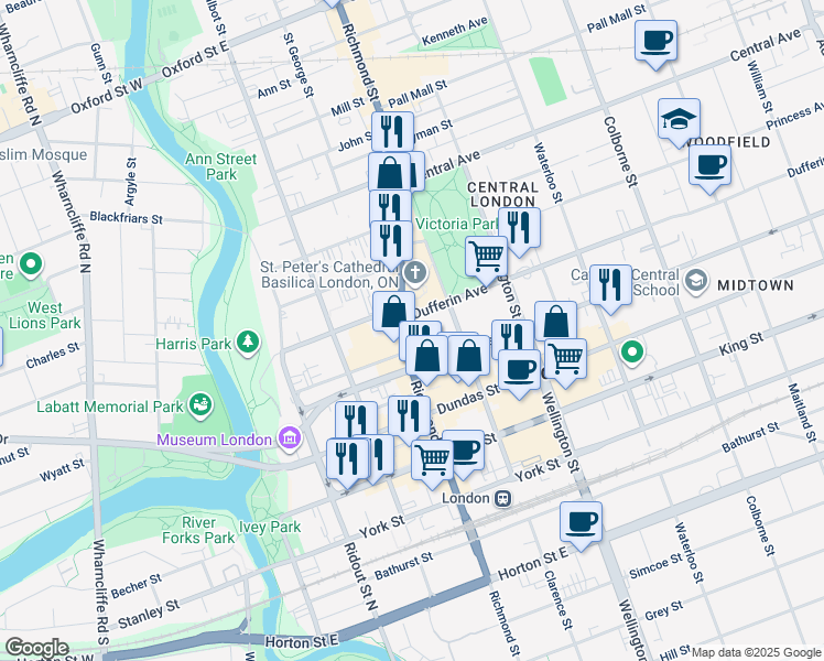 map of restaurants, bars, coffee shops, grocery stores, and more near 465 Richmond Street in London