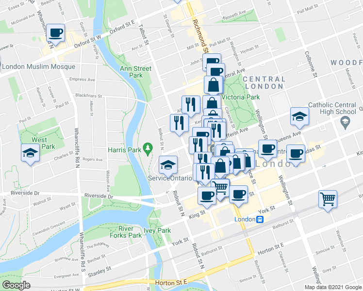 map of restaurants, bars, coffee shops, grocery stores, and more near 505 Talbot Street in London