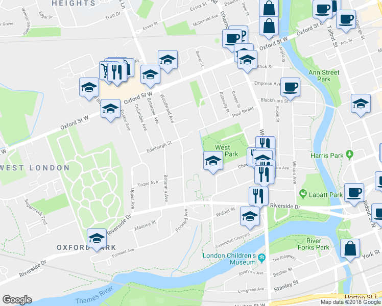 map of restaurants, bars, coffee shops, grocery stores, and more near 55 Woodward Avenue in London