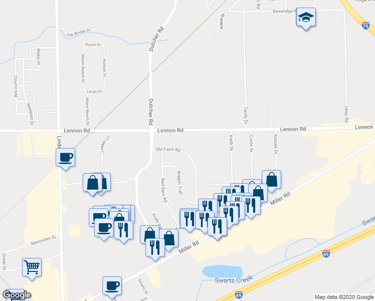 map of restaurants, bars, coffee shops, grocery stores, and more near 3100 Old Farm Road in Flint