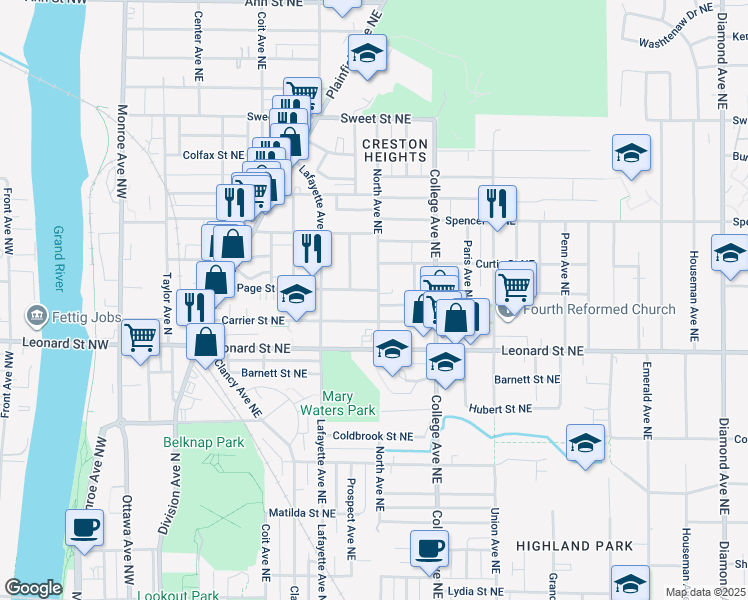 map of restaurants, bars, coffee shops, grocery stores, and more near 339 Carrier Street Northeast in Grand Rapids