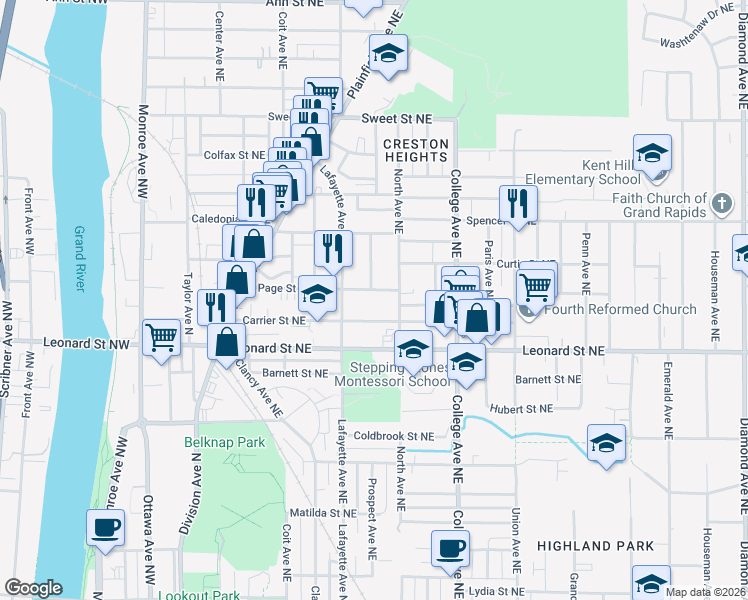 map of restaurants, bars, coffee shops, grocery stores, and more near 339 Carrier Street Northeast in Grand Rapids