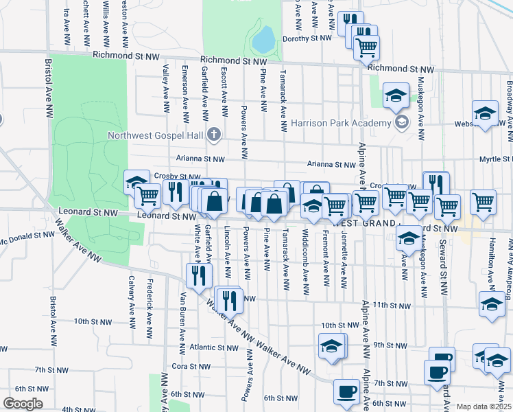 map of restaurants, bars, coffee shops, grocery stores, and more near 1050 Leonard Street Northwest in Grand Rapids
