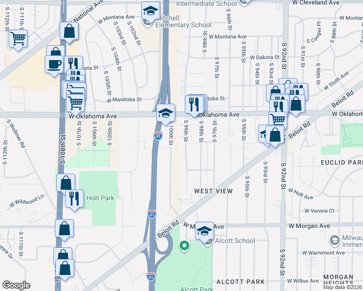 map of restaurants, bars, coffee shops, grocery stores, and more near 3239 South 99th Street in Milwaukee