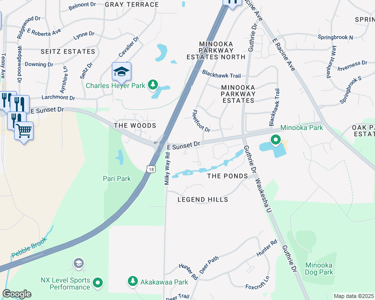 map of restaurants, bars, coffee shops, grocery stores, and more near 1621 East Sunset Drive in Waukesha