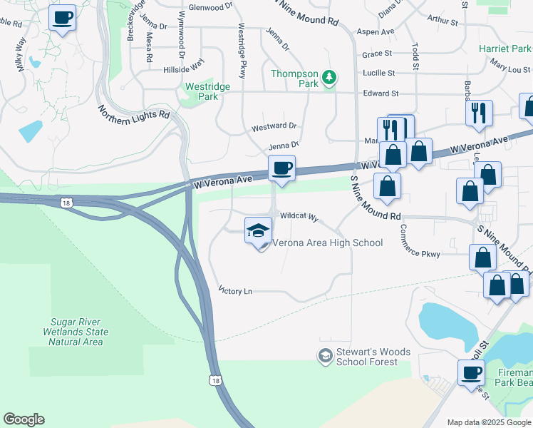 map of restaurants, bars, coffee shops, grocery stores, and more near West End Cir in Verona