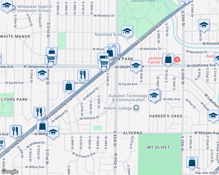 map of restaurants, bars, coffee shops, grocery stores, and more near 3246 South 44th Street in Greenfield