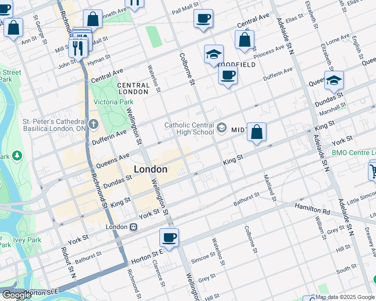 map of restaurants, bars, coffee shops, grocery stores, and more near 343 Dundas Street in London