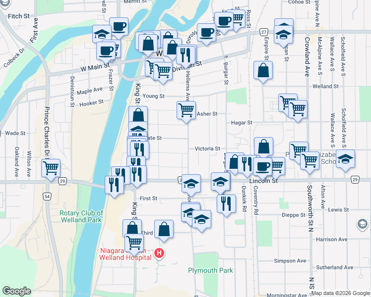 map of restaurants, bars, coffee shops, grocery stores, and more near 303 Hellems Avenue in Welland