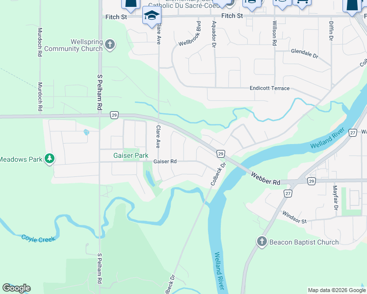 map of restaurants, bars, coffee shops, grocery stores, and more near Cardinal Crescent in Welland