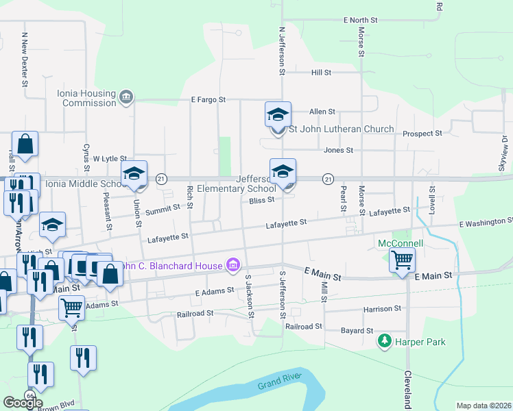 map of restaurants, bars, coffee shops, grocery stores, and more near 328 Lafayette Street in Ionia