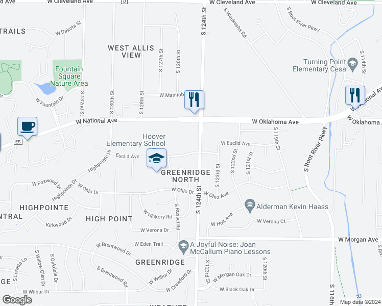 map of restaurants, bars, coffee shops, grocery stores, and more near 12400 West Euclid Avenue in New Berlin