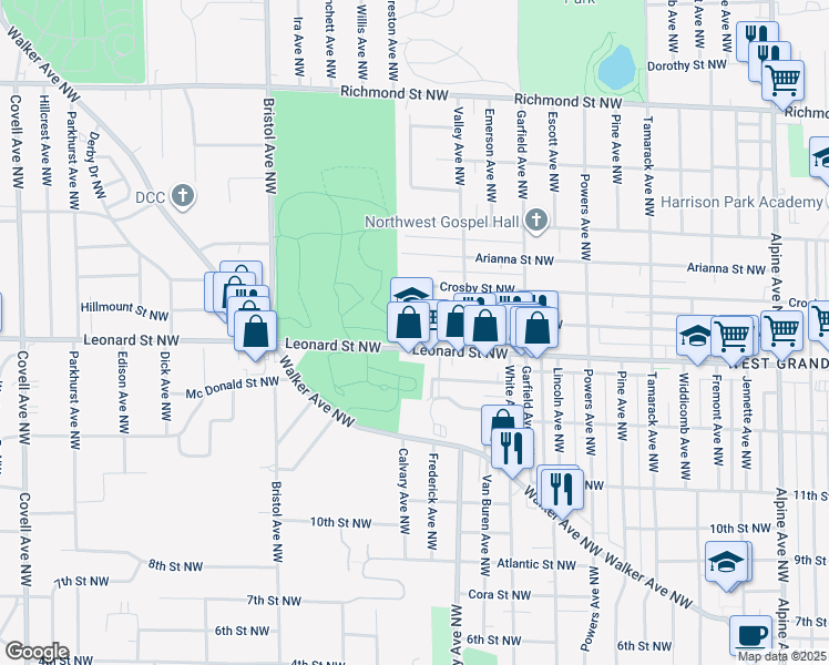map of restaurants, bars, coffee shops, grocery stores, and more near 1351 Leonard Street Northwest in Grand Rapids