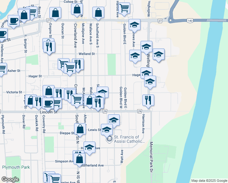 map of restaurants, bars, coffee shops, grocery stores, and more near 164 Camrose Avenue in Welland