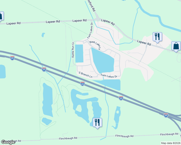 map of restaurants, bars, coffee shops, grocery stores, and more near 6185 Paint Creek Court in Smiths Creek