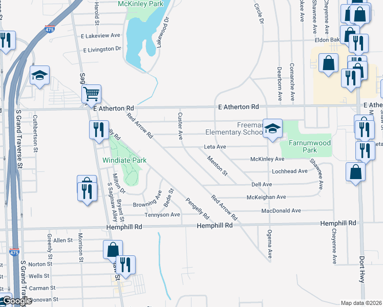 map of restaurants, bars, coffee shops, grocery stores, and more near 4210 Custer Avenue in Flint