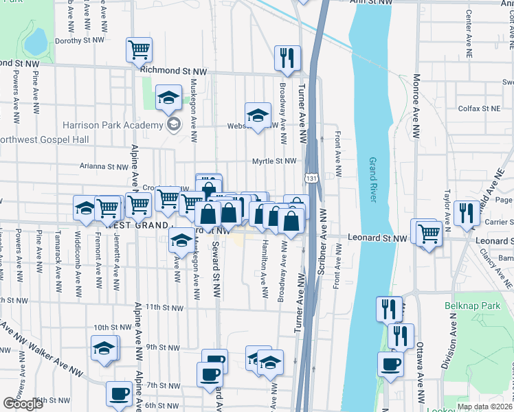 map of restaurants, bars, coffee shops, grocery stores, and more near 1216 Hamilton Avenue Northwest in Grand Rapids