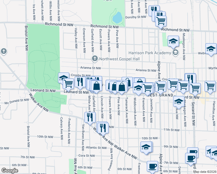 map of restaurants, bars, coffee shops, grocery stores, and more near 1050 Leonard Street Northwest in Grand Rapids