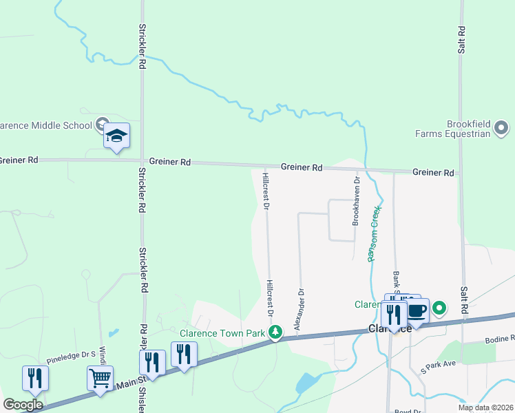 map of restaurants, bars, coffee shops, grocery stores, and more near 5150 Hillcrest Drive in Clarence