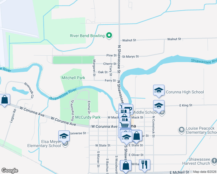 map of restaurants, bars, coffee shops, grocery stores, and more near 500 Cary Street in Corunna