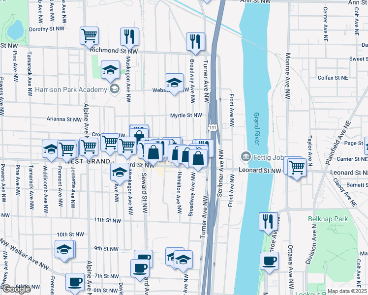 map of restaurants, bars, coffee shops, grocery stores, and more near 1216 Hamilton Avenue Northwest in Grand Rapids