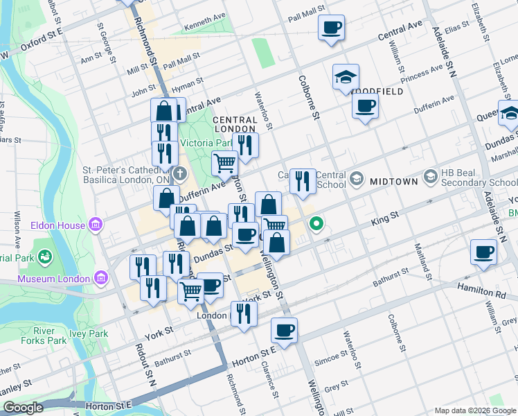 map of restaurants, bars, coffee shops, grocery stores, and more near 285 Queens Avenue in London