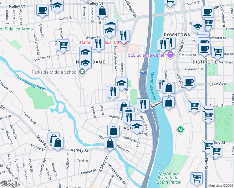 map of restaurants, bars, coffee shops, grocery stores, and more near 50 Conant Street in Manchester