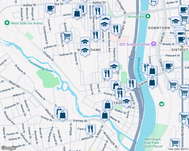 map of restaurants, bars, coffee shops, grocery stores, and more near 17 Rimmon Street in Manchester