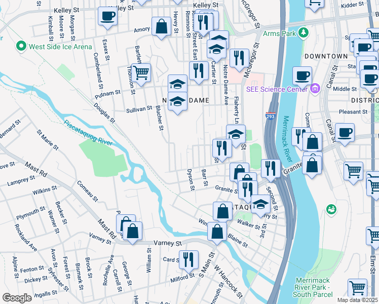map of restaurants, bars, coffee shops, grocery stores, and more near 17 Rimmon Street in Manchester