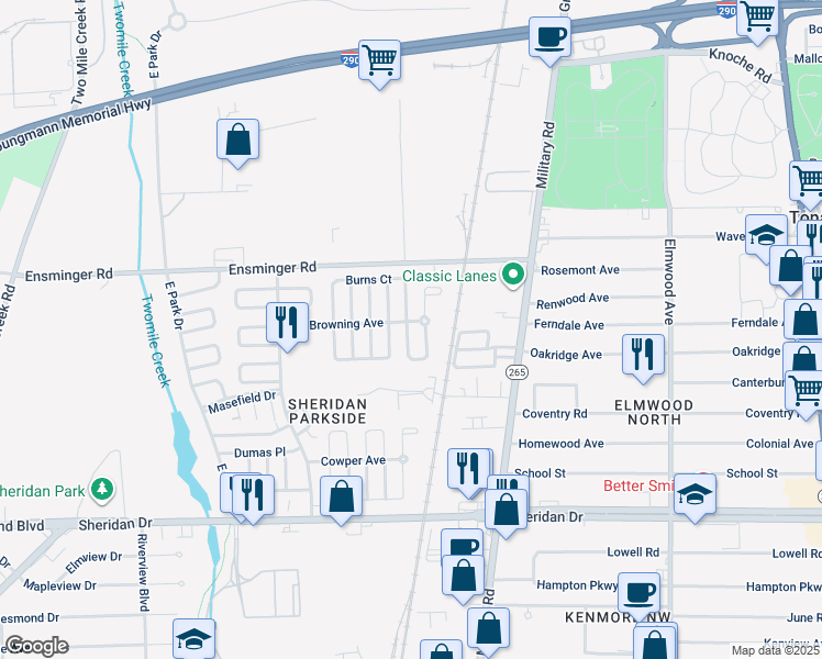 map of restaurants, bars, coffee shops, grocery stores, and more near 99 Blackmore Street in Tonawanda