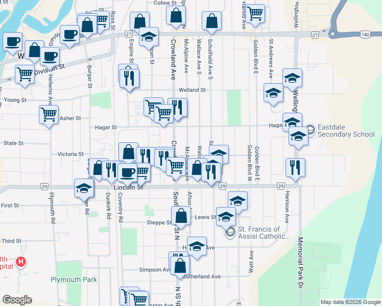 map of restaurants, bars, coffee shops, grocery stores, and more near 319 Wallace Avenue South in Welland