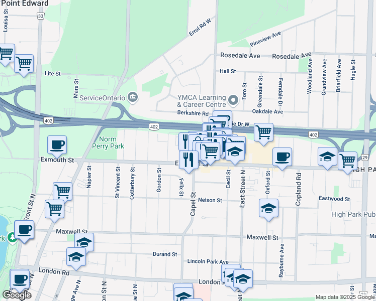 map of restaurants, bars, coffee shops, grocery stores, and more near 400 Exmouth Street in Sarnia