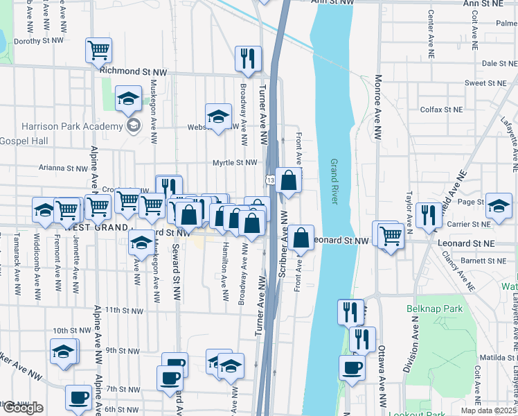 map of restaurants, bars, coffee shops, grocery stores, and more near 1222 Broadway Avenue Northwest in Grand Rapids