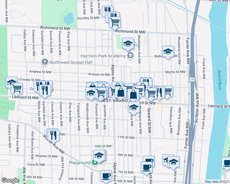 map of restaurants, bars, coffee shops, grocery stores, and more near in Grand Rapids