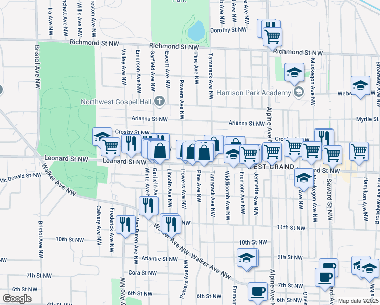 map of restaurants, bars, coffee shops, grocery stores, and more near 1050 Leonard Street Northwest in Grand Rapids