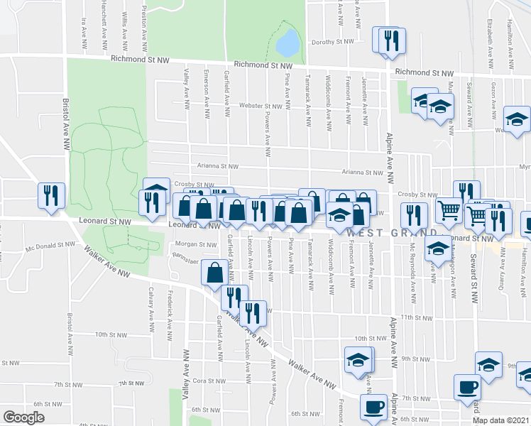 map of restaurants, bars, coffee shops, grocery stores, and more near 1050 Leonard Street Northwest in Grand Rapids